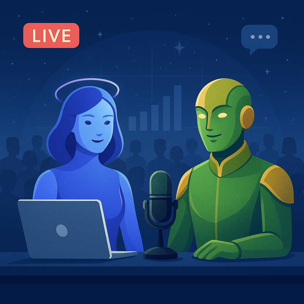 ilustracije digitalnog webinar-sveta s futurističkim avatarima Aura i Cosmo