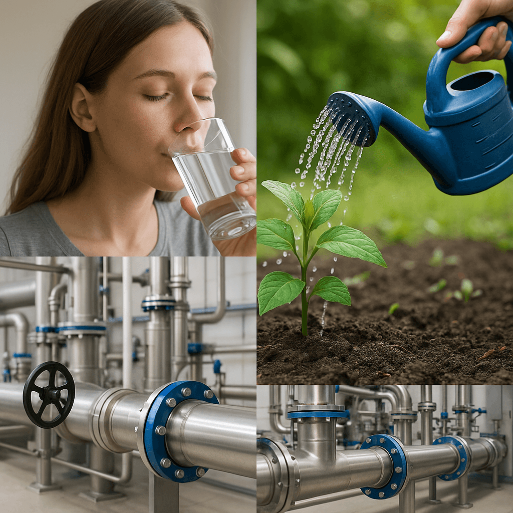 Anwendungsbereiche der UMH Technologie: Trinkwasser, Pflanzenbewässerung und industrielle Nutzung.
