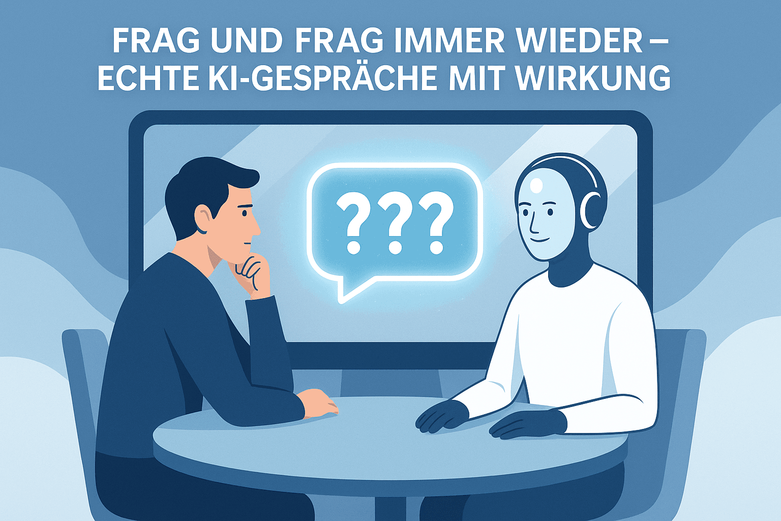 Digitale Illustration zur KI-Kommunikation: Frag und Frag Immer Wieder Methode im ethischen Online-Business