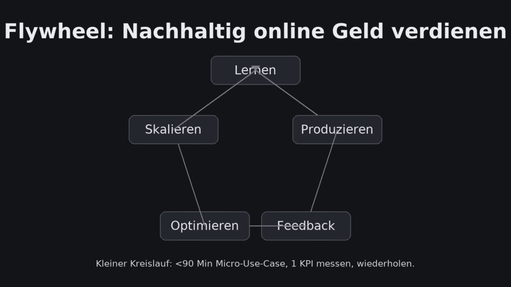 Flywheel für nachhaltiges Online-Business: Lernen, Produzieren, Feedback, Optimieren, Skalieren.